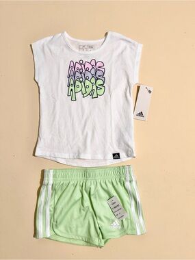 Adidas Toddler Girls 2-Piece Graphic Tee & Mesh Shorts Set NWT Size 3T Summer